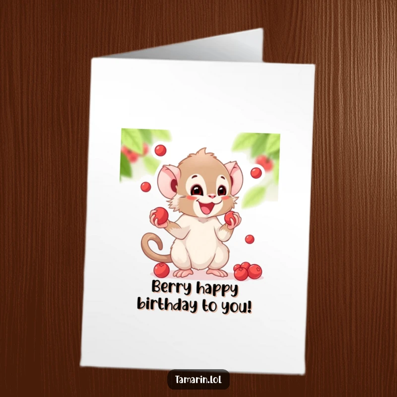 Funny Free Printable Birthday Card featuring a happy tamarin gleefully juggling bright, round berries in the air.