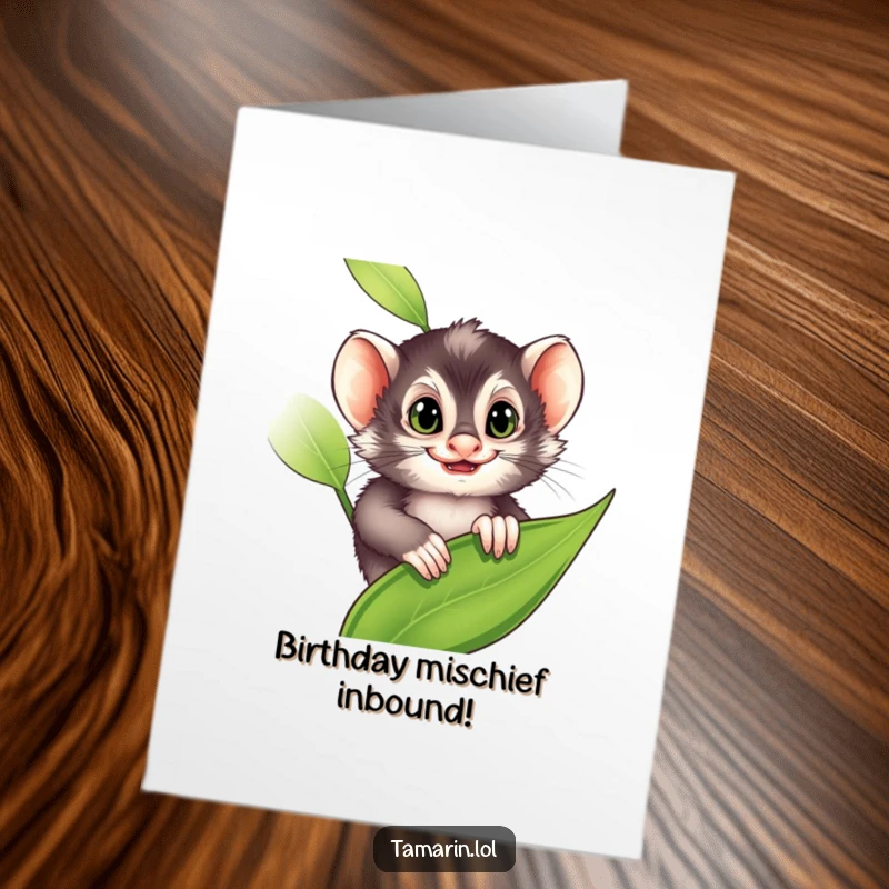 Funny Free Printable Happy Birthday Card: A tamarin with a mischievous grin peeking slyly from behind a large leaf.