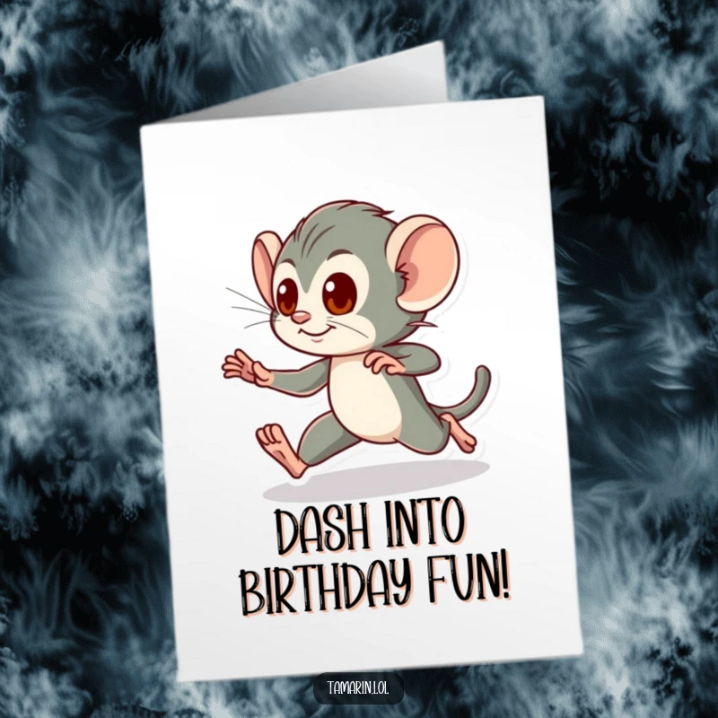 Funny Free Printable Happy Birthday Card showing a tamarin in a quick, energetic dash, celebrating speed and vitality.