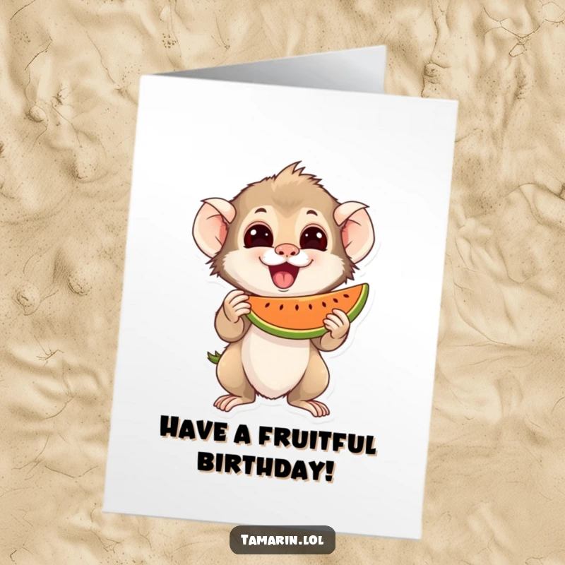 Funny Free Printable Birthday Card: Tamarin Excitedly Holds a Juicy Fruit