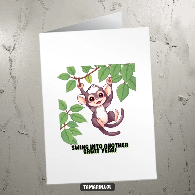 Funny Free Printable Birthday Card: Cute Tamarin Swinging Playfully from a Vine