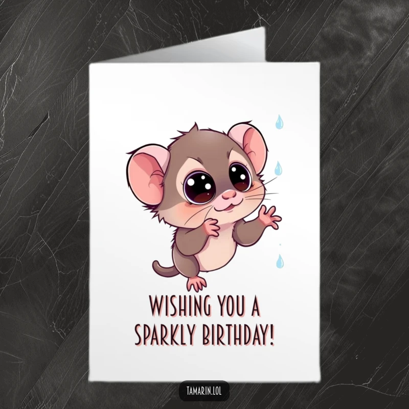 Funny Free Printable Birthday Card: A surprised tamarin leaps to catch shimmering, sparkly raindrops falling from the sky.