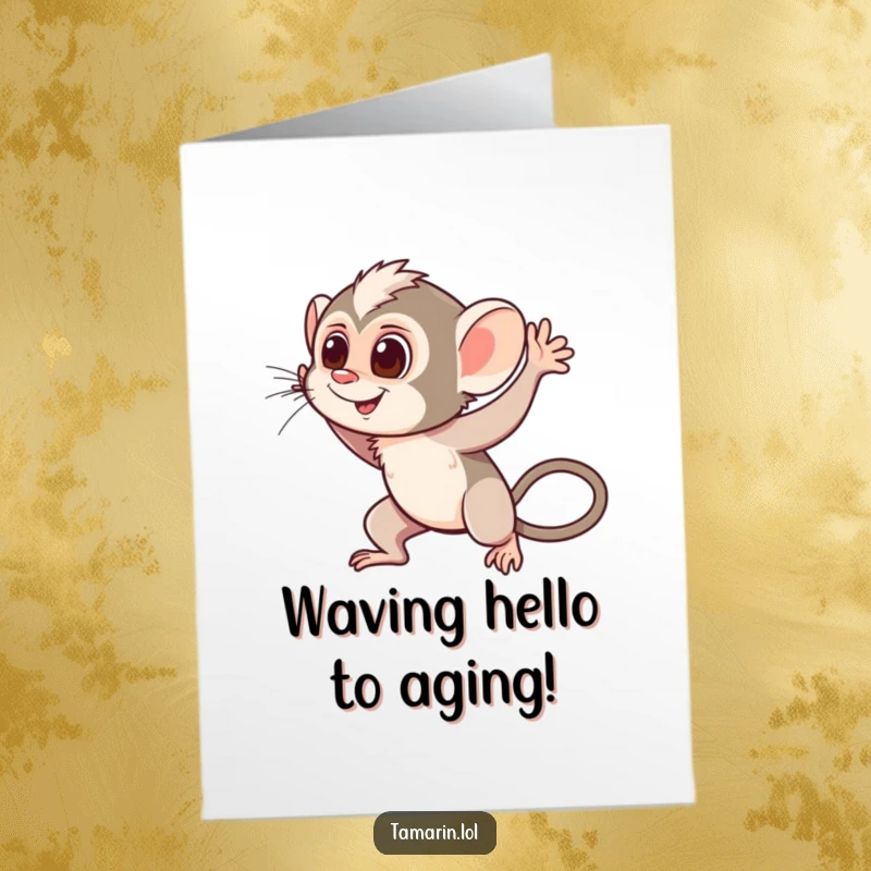 Free Printable Birthday Card: A tamarin cheerfully waves with motion lines, indicating a quick and enthusiastic happy birthday.