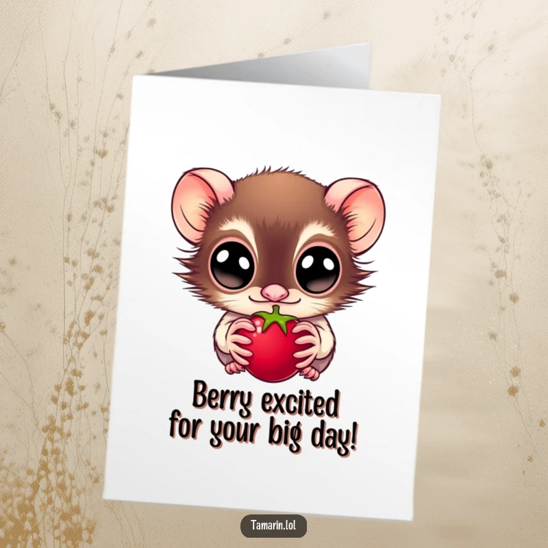 Funny Free Printable Birthday Card: A wide-eyed tamarin intensely stares at a plump, juicy berry, anticipating its deliciousness.