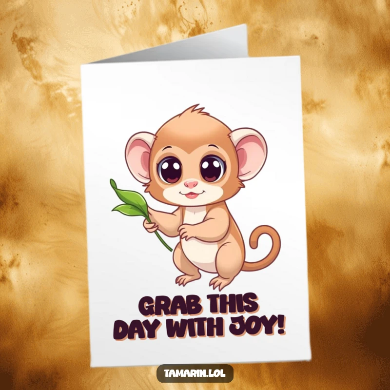 Funny Free Printable Birthday Card showing a tamarin with amazed wide eyes reaching for a single, gracefully floating leaf.