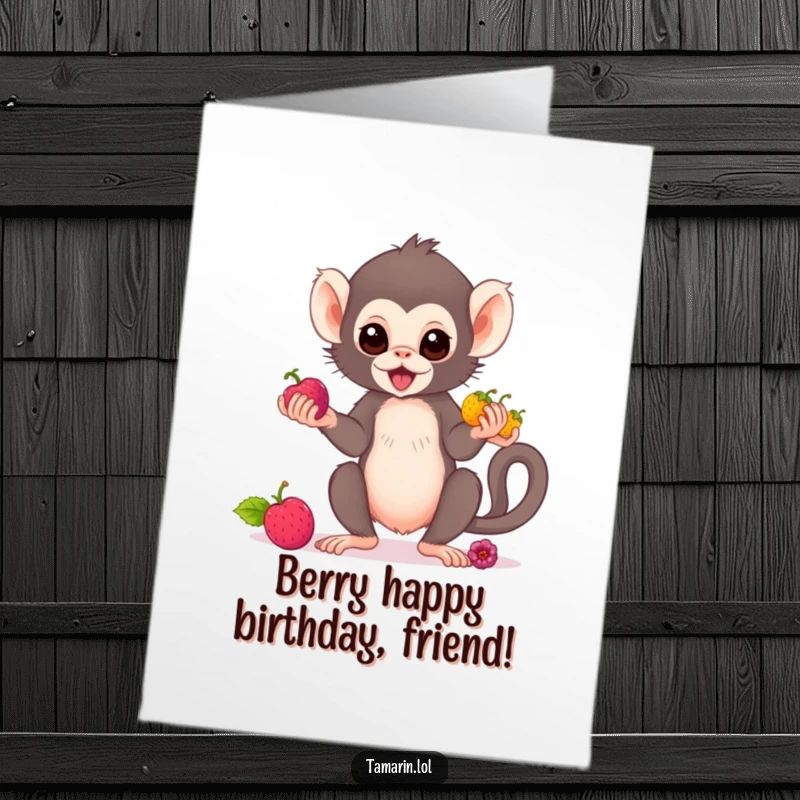 Funny Free Printable Birthday Card: A cute tamarin monkey expertly juggles three colourful berries, celebrating.