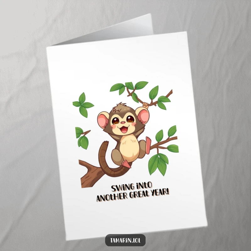 Funny Free Printable Birthday Card: Tamarin monkey swinging wildly on a tree branch, full of energy and mischief.