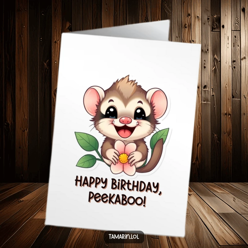 Funny free printable birthday card showing a tamarin with a wide, joyful expression peeking out from behind a vibrant flower.