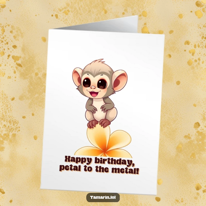 Funny Free Printable Birthday Card: A happy tamarin monkey delicately balances on a vibrant flower petal, celebrating.