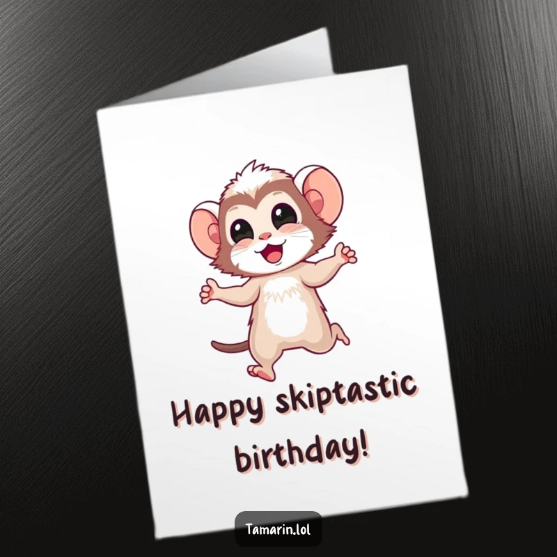 Funny Free Printable Birthday Card: Tamarin character doing a happy little skip, a cheerful downloadable.