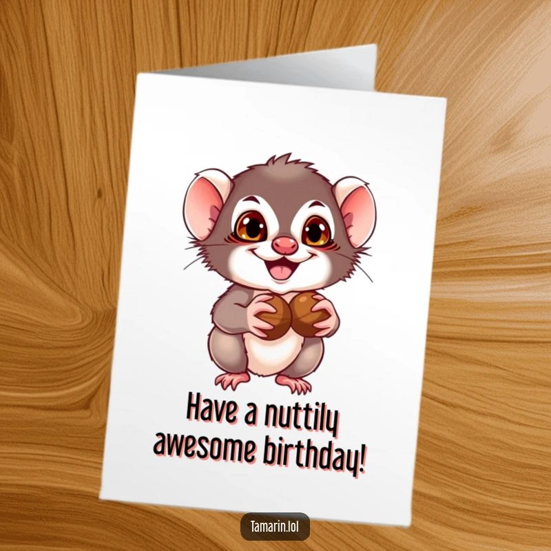 Funny free printable tamarin monkey with a mischievous grin holding two nuts, birthday card