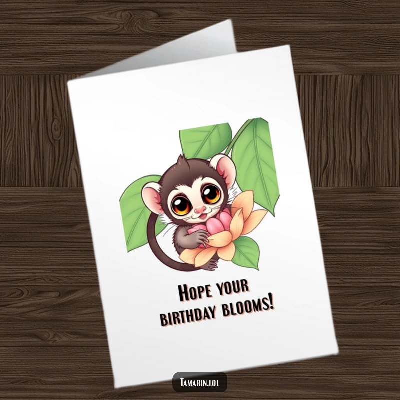 Funny Free Printable Birthday Card: Tamarin monkey with wide, curious eyes peeking into a giant, colorful flower with wonder.