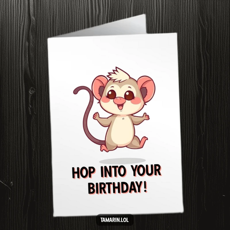 Funny free printable birthday card showcasing a tamarin doing a cheerful hop, tail high in celebration, radiating pure joy.