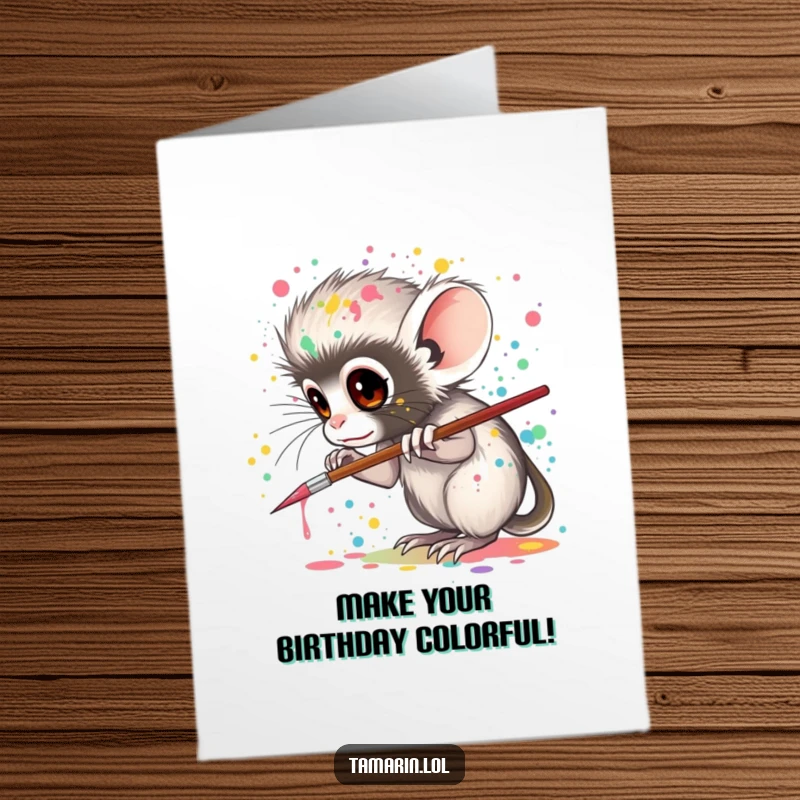 Funny Free Printable Birthday Card: a tamarin artistically splattering colorful paint with a tiny brush, celebrating creativity.