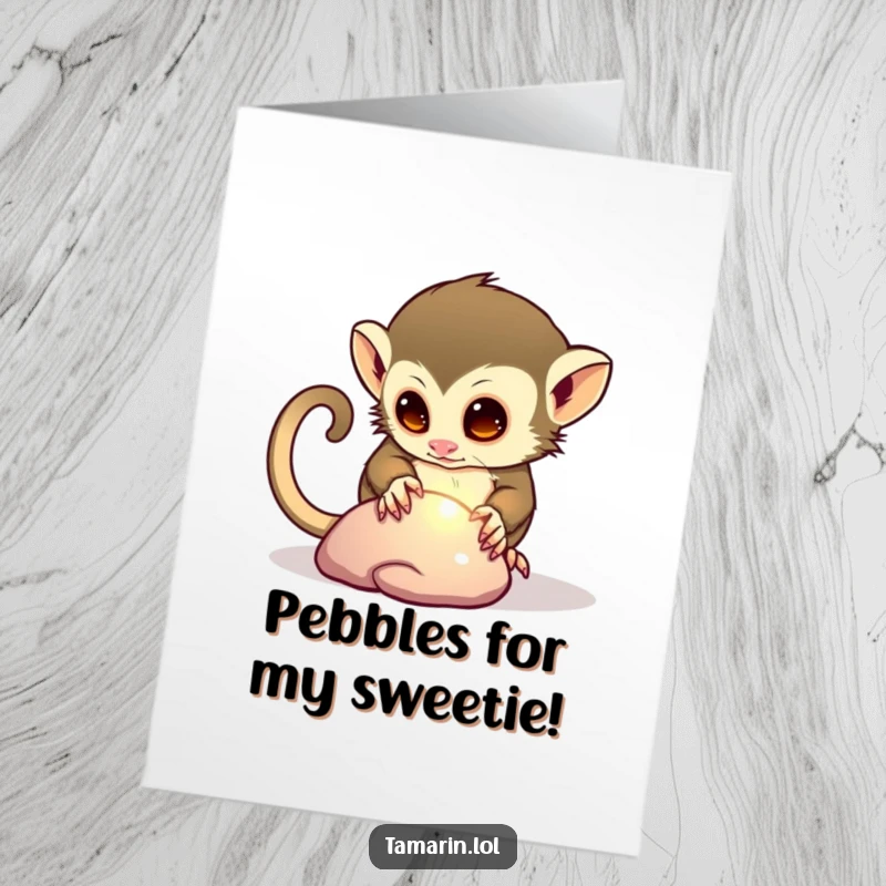 Funny free printable birthday card featuring a curious tamarin examining a shiny pebble with wide, amused eyes.