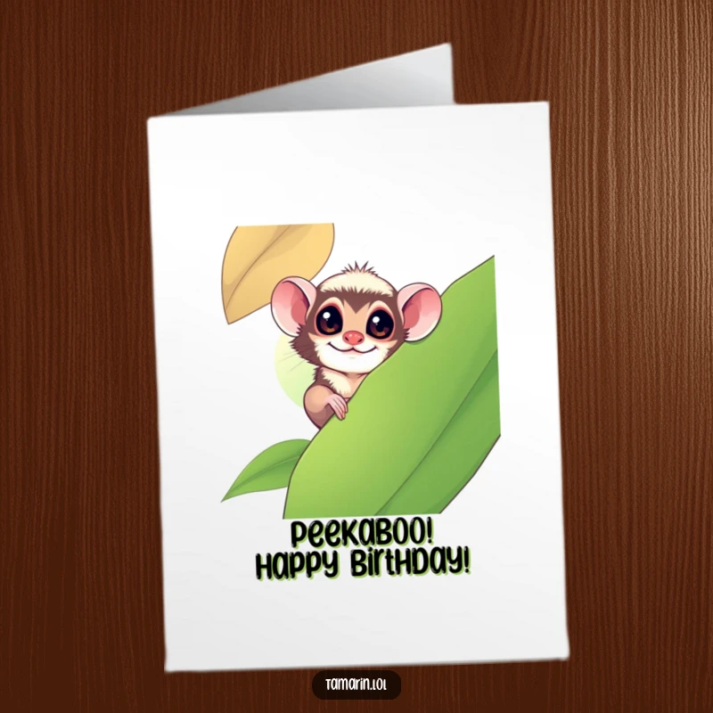 Funny Free Printable Birthday Card: Tamarin playfully peeking from behind a large green leaf with a mischievous grin.