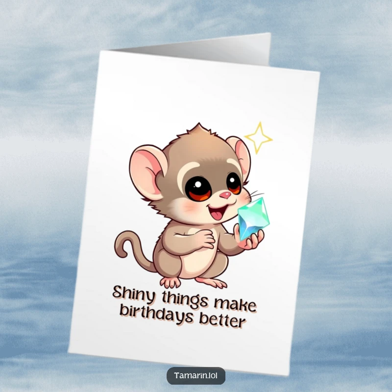 Funny Free Printable Tamarin Birthday Card: A tamarin gazing in awe at a giant, sparkling gem with excitement.