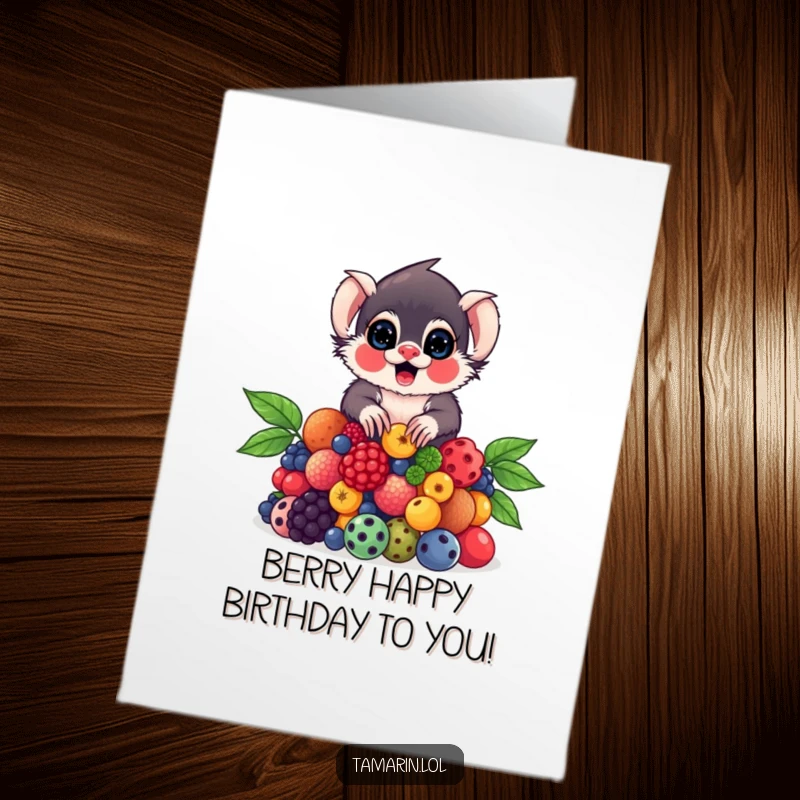 Funny Free Printable Birthday Card: Tamarin monkey carefully balancing a large, colorful pile of berries, looking pleased with its feat.