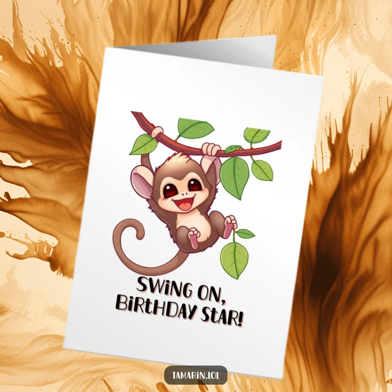 Funny Free Printable Birthday Card: Energetic tamarin swinging wildly on a vine, grinning with pure birthday joy.