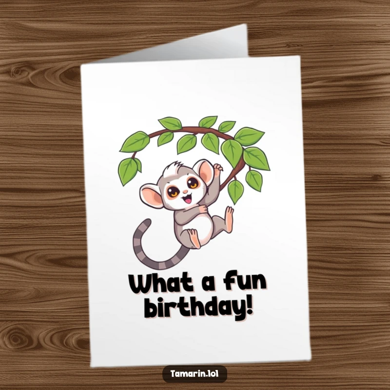 Funny Free Printable Birthday Card: Excited tamarin swinging from a question mark vine, celebrating birthdays.