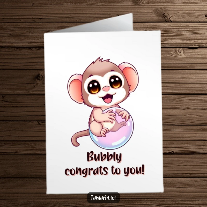 Funny Free Printable Congratulations Card: a tamarin joyfully attempting to ride a shimmering bubble, celebrating new beginnings.