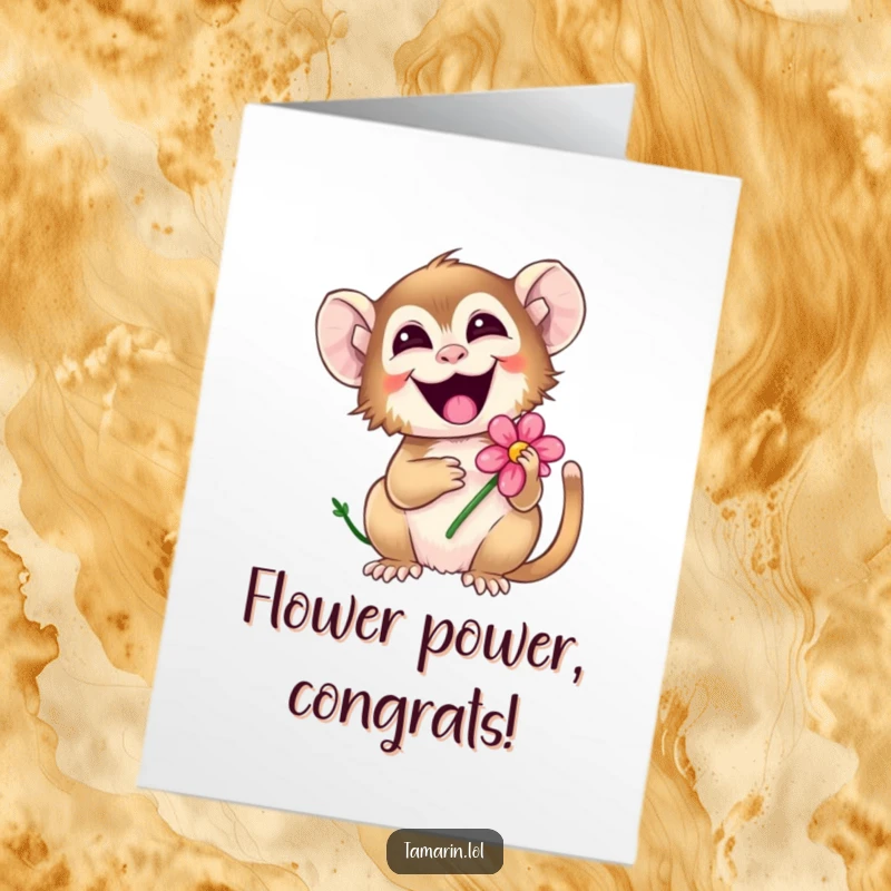Funny Free Printable Congrats Card: A giggling tamarin joyfully holding a flower, celebrating your big win. A delightful downloadable gift.