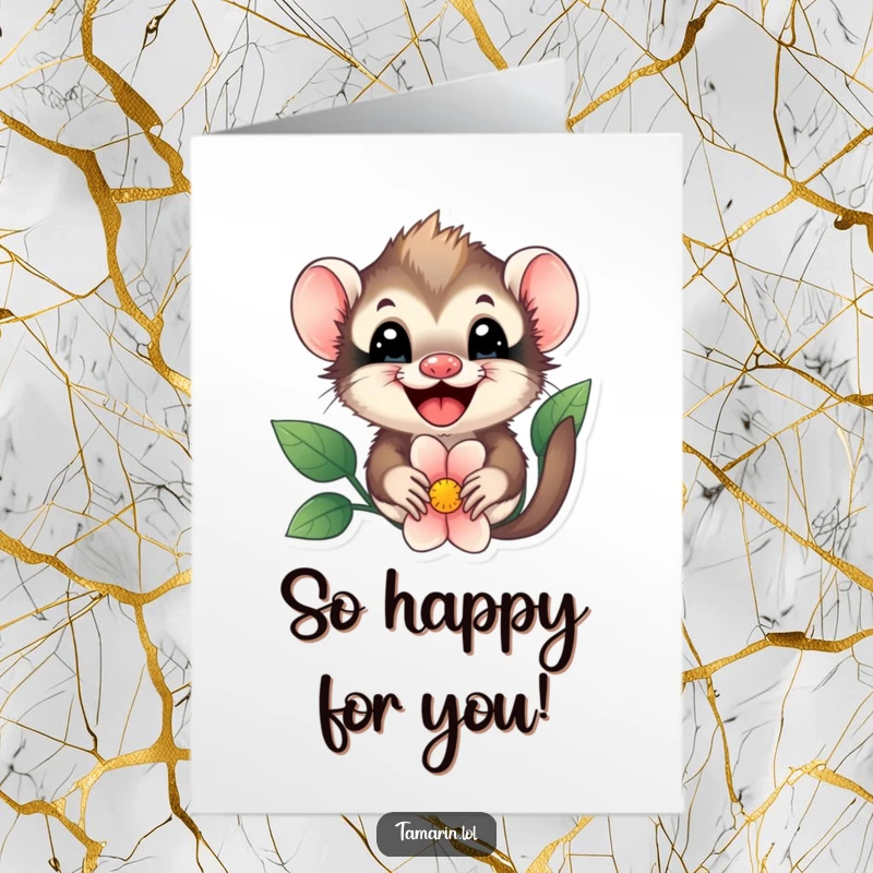 Free printable congratulations card featuring a happy tamarin with a joyful face peeking from behind a colorful blooming flower.