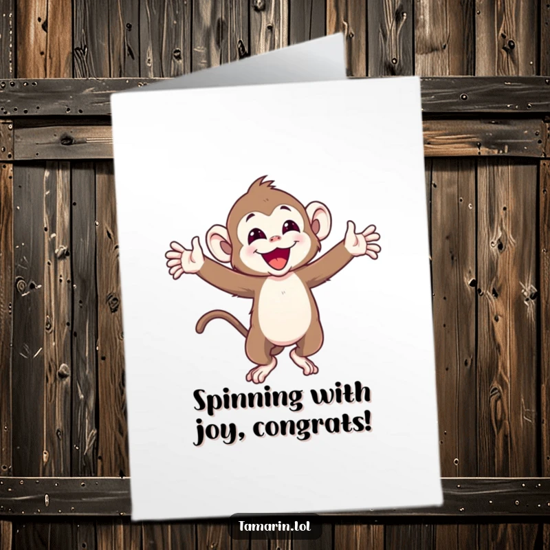 Funny Free Printable Congratulations Card with a joyful tamarin monkey spinning with arms wide, a fun way to celebrate.