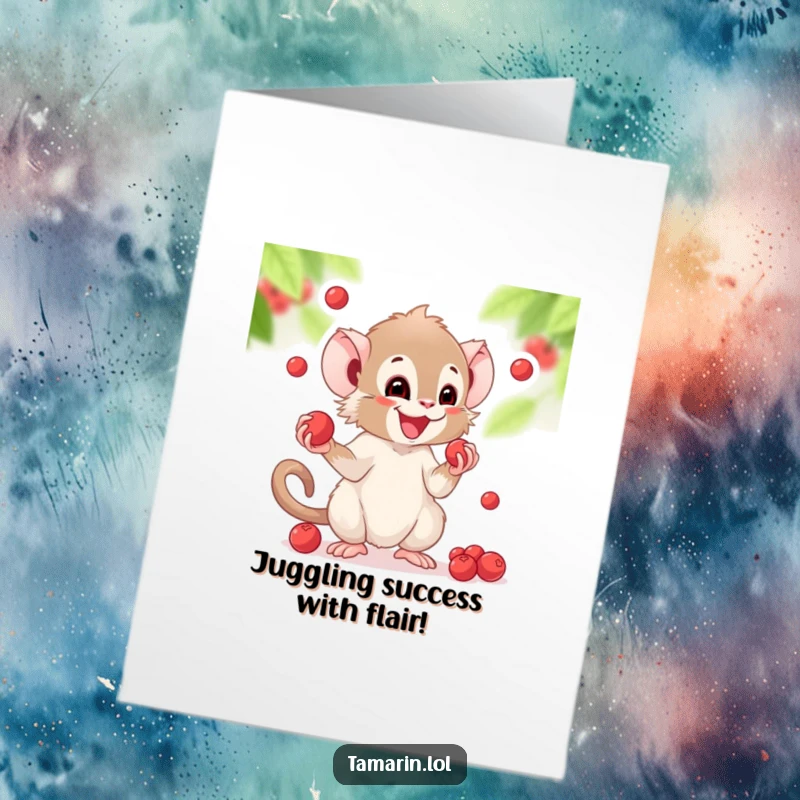 Funny Free Printable Congrats Card showing a tamarin expertly juggling several small, colorful berries with a look of pure joy.