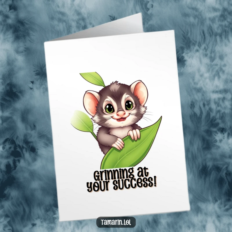 Funny Free Printable Congratulations Card showing a tamarin with a mischievous grin peeking from a leaf, celebrating cleverness.