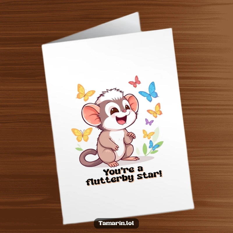 Funny Free Printable Congrats Card: Tamarin character giggles at fluttering butterflies, celebrating success with a colorful, downloadable delight.