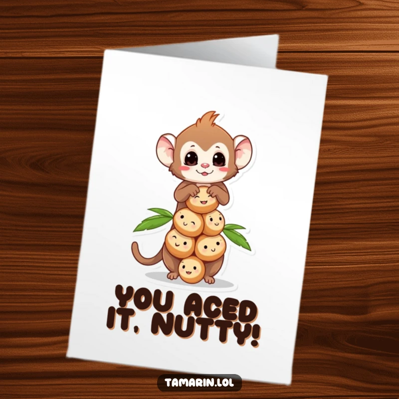 Funny Free Printable Congratulations Card showing a tamarin character balancing a precarious stack of happy, smiling coconuts, celebrating success.