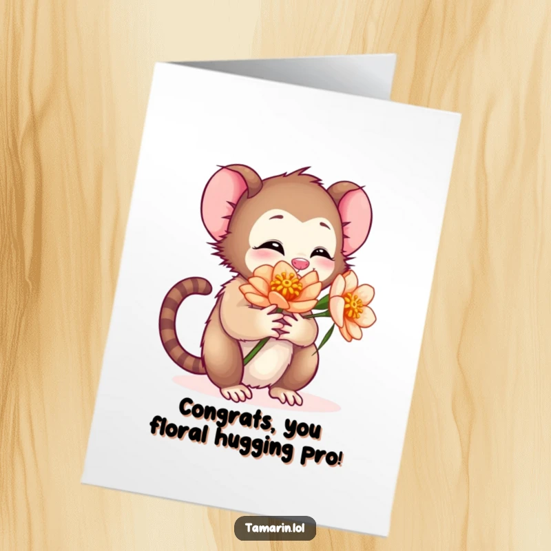 Funny Free Printable Congratulations Card: Tamarin character hugging a flower, signifying growth and blooming success.