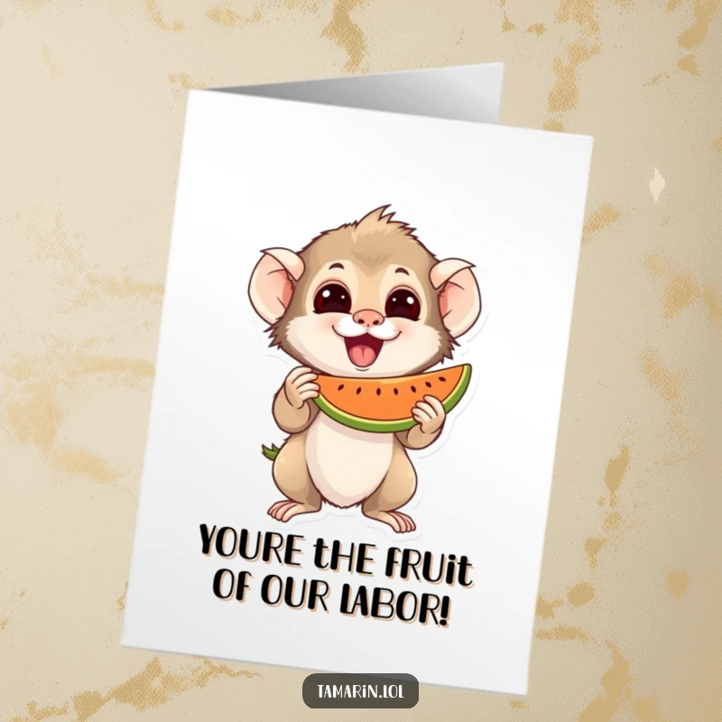 Funny Free Printable Congratulations Card: Tamarin Excitedly Holds Fruit