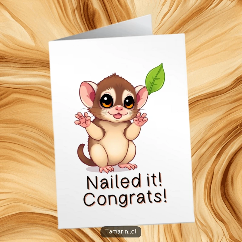 Free Printable Congratulations Card: A playful tamarin is focused on catching a falling leaf, symbolizing a new beginning.