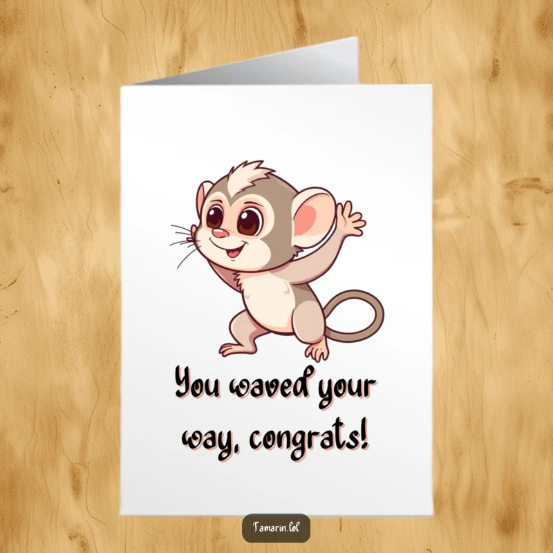 Free Printable Congratulations Card: A tamarin cheerfully waves quickly, conveying congratulations with lively motion lines.