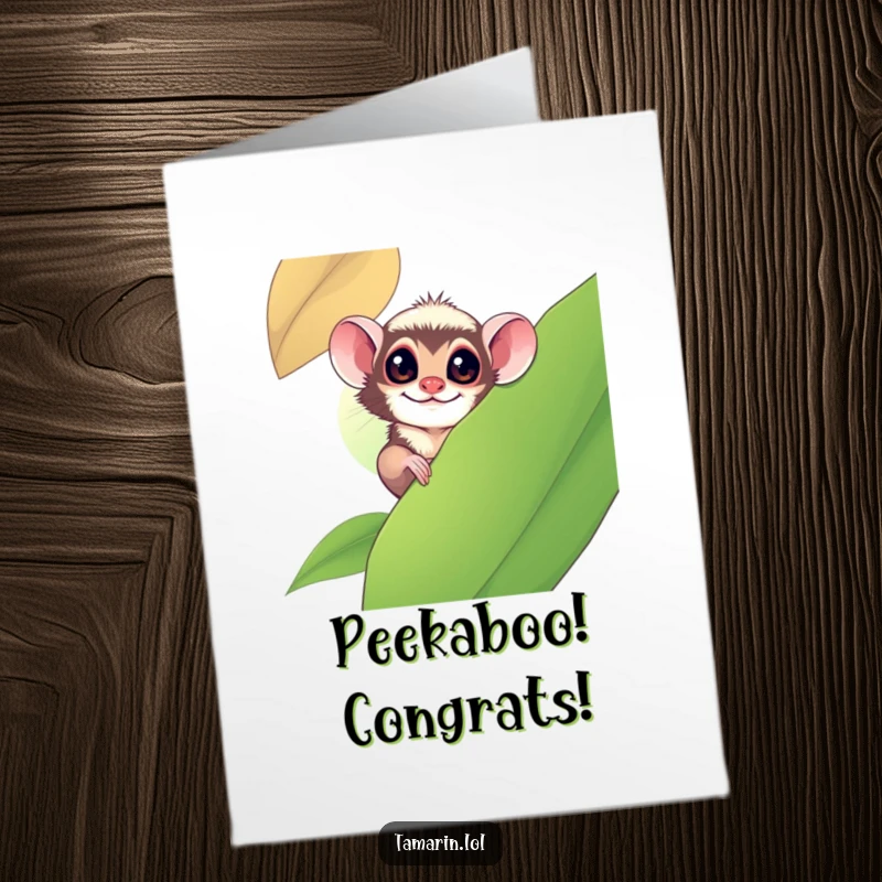 Funny Free Printable Congrats Card: Tamarin peeking out from a large leaf, celebrating their achievement with excitement.