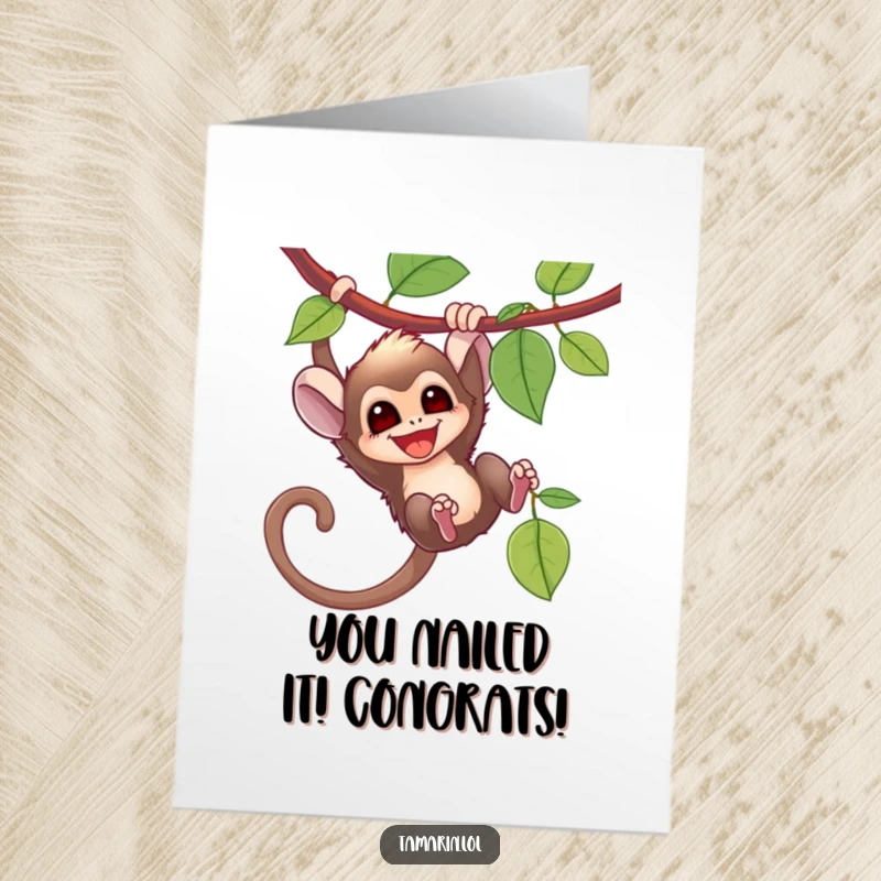 Funny Free Printable Congrats Card: Excited tamarin swinging from a vine, celebrating their big success with a huge smile.
