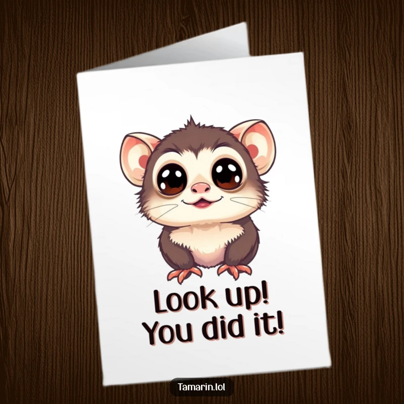 Funny free printable tamarin with wide, happy eyes gazing upwards, perfect for congrats