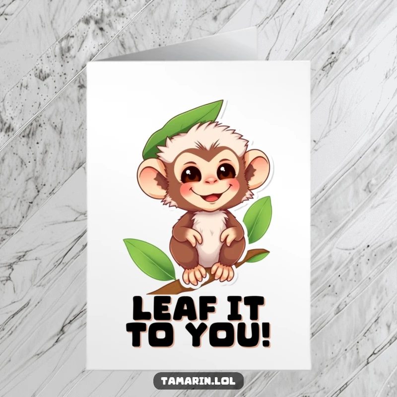 Funny Free Printable Congrats Card: A smiling tamarin monkey sporting a leaf hat, cheers to achievement.