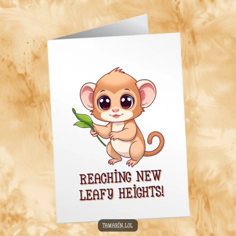 Funny Free Printable Congrats Card featuring a wide-eyed tamarin reaching out, captivated by a solitary floating leaf.