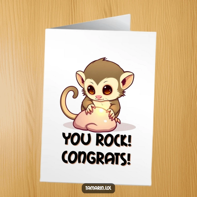 Funny free printable congratulations card showing a tamarin peeking closely at a shiny pebble, conveying amazed delight.