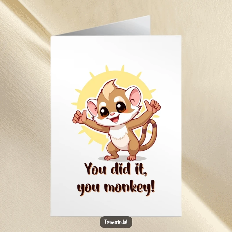Funny Free Printable Congratulations Card showcasing a triumphant tamarin striking a pose against a bright background.
