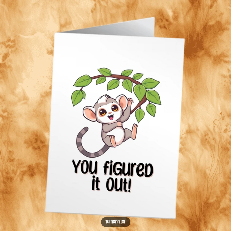 Funny Free Printable Congrats Card: Excited tamarin swinging from a question mark vine, cheering for success.