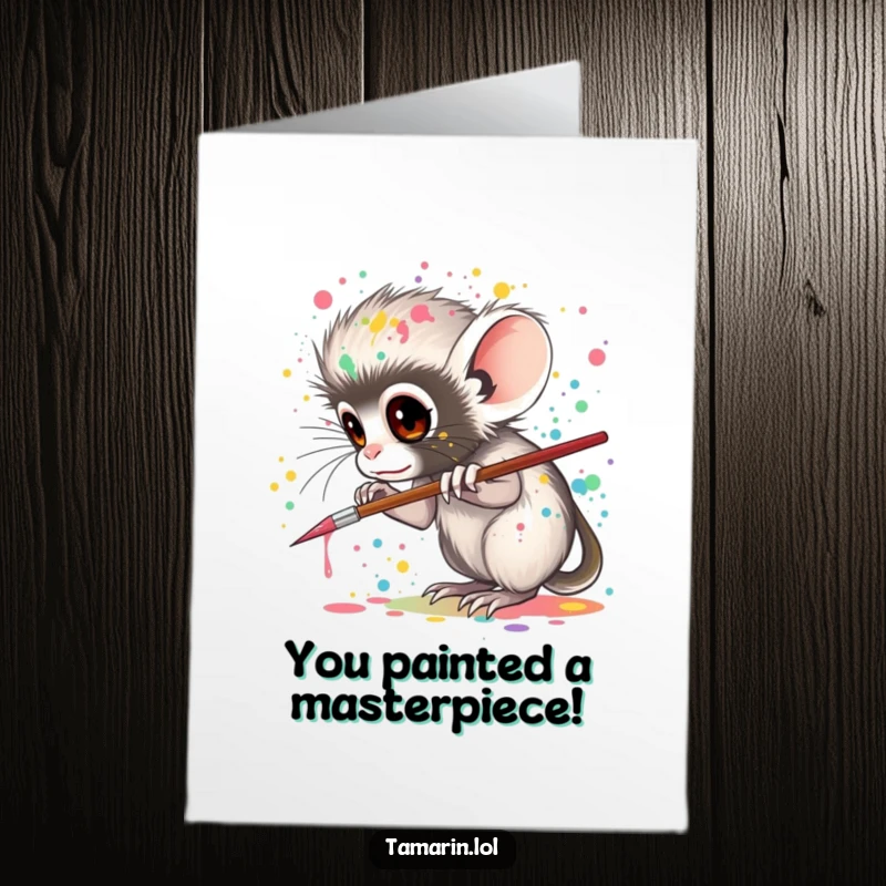 Funny Free Printable Congratulations Card: a tamarin enthusiastically splattering vibrant paint, celebrating artistic triumphs.