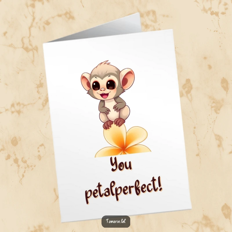 Funny Free Printable Congrats Card: A happy tamarin monkey balances on a flower petal, signifying a perfect achievement.