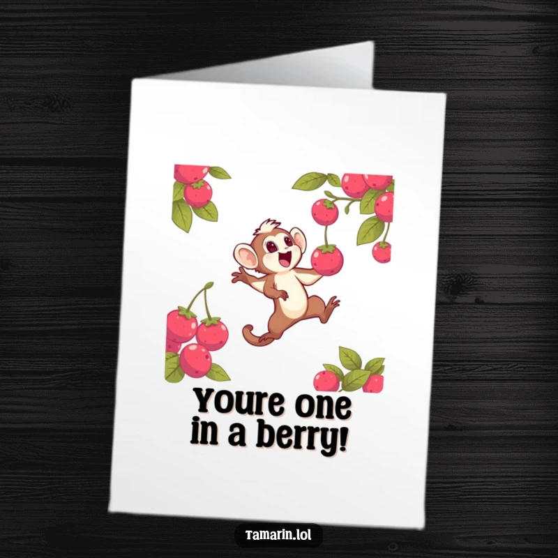 Funny Free Printable Congratulations Card: Excited tamarin mid-air, joyfully reaching for a falling radiant berry, celebrating success.