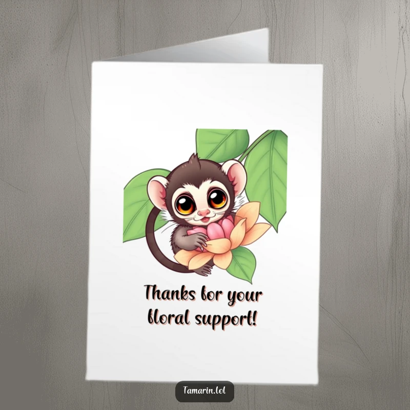 Funny Free Printable Thank You Card: Tamarin monkey with wide, curious eyes peeking into a large, beautiful flower, conveying thanks.