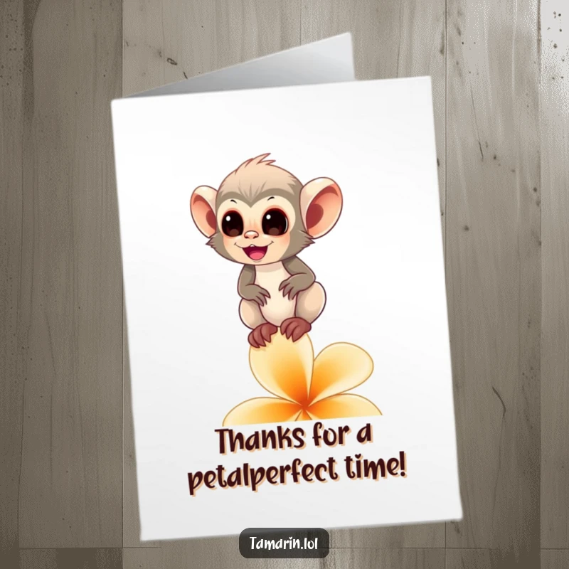 Funny Free Printable Thank You Card: A happy tamarin monkey balances on a flower petal, sending thanks with elegance.