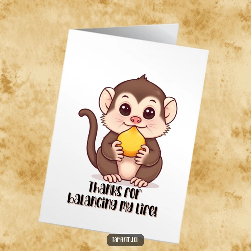 Funny free printable tamarin expertly balancing a piece of fruit, perfect for a thank you.